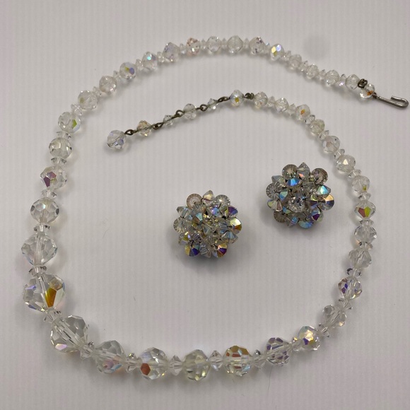 Aurora Borealis AB Single Strand Faceted Crystal Glass Choker Necklace Earrings - Picture 6 of 9